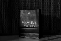 Dark paper shopping bag with black handles displayed against black backdrop